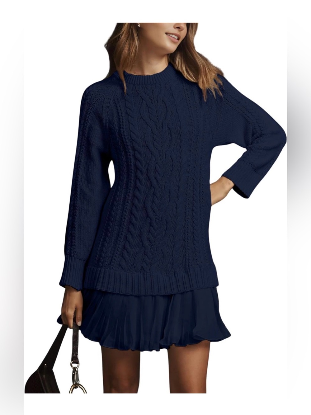 🆕Twofer Style Cable Knit Crewneck Long Sleeve Pleated Mini Dress